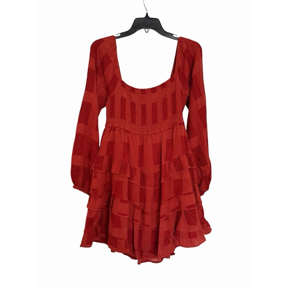 Altar'd State Rust Tiered Ruffle Mini Dress Smocked Long Sleeve Medium NWT #C2-1 - Picture 11 of 12